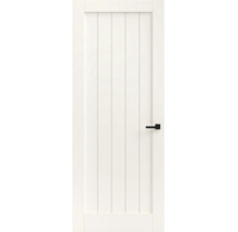 Witte binnendeur in landelijke stijl met verticale groeven en een zwarte deurkruk.