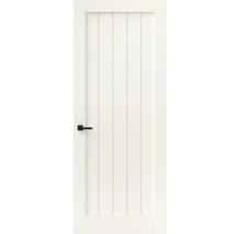 Witte binnendeur in moderne landelijke stijl met vijf verticale groeven en een zwarte deurklink.