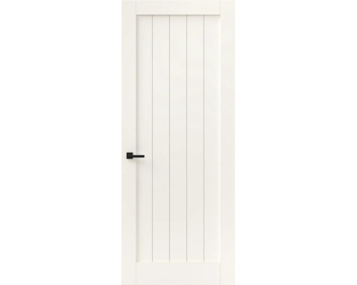 Witte binnendeur in moderne landelijke stijl met vijf verticale groeven en een zwarte deurklink.