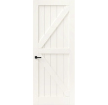 Witte binnendeur in barndoor-stijl met verticale panelen, Z-schoren en zwarte deurkruk.