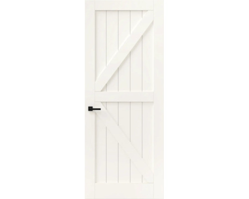 Witte binnendeur in barndoor-stijl met verticale panelen, Z-schoren en zwarte deurkruk.