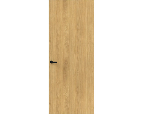 Binnendeur in lichte eikenlook met houtnerf en een zwarte minimalistische deurkruk.