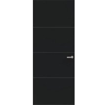 Moderne binnendeur in antraciet met vier horizontale lijnen en een zilverkleurige deurklink.