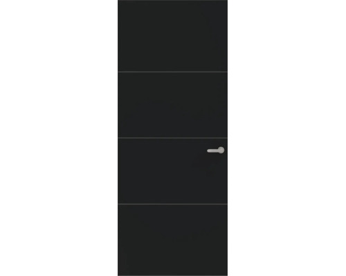 Moderne binnendeur in antraciet met vier horizontale lijnen en een zilverkleurige deurklink.