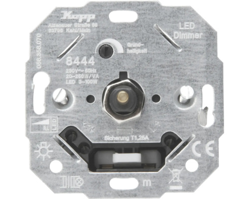 Kopp LED-dimmer basiselement 8444, 230 Volt, voor 3-100 Watt LED en 20-250 Watt, inbouw metalen montageplaat.