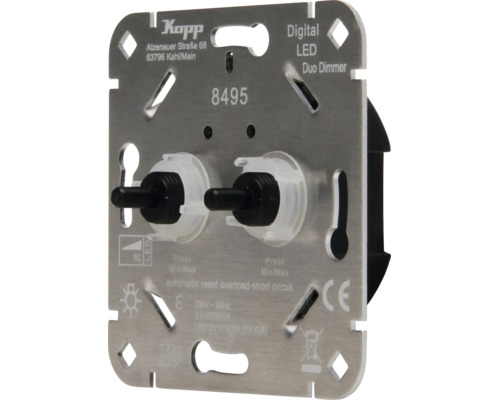 Kopp digitale LED duo dimmer 8495, inbouw, voor LED lampen tot 100 Watt, metalen draagplaat met twee draaiknoppen.