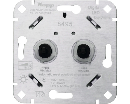 Kopp digitale LED duo dimmer basiselement met twee draaiknoppen voor dimbare LED lampen en gloeilampen tot 100 Watt per kanaal.