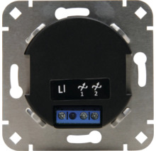 Achterzijde van een lichtschakelaarinzet of dimmer met metalen draagring, aansluitklemmen en bedradingsschema.