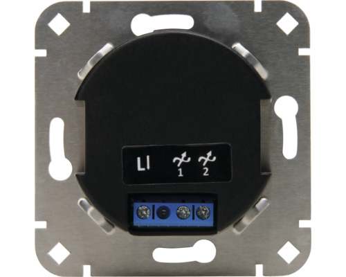 Achterzijde van een lichtschakelaarinzet of dimmer met metalen draagring, aansluitklemmen en bedradingsschema.