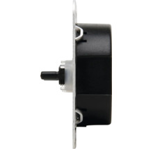 Dimmer-basiselement in zijaanzicht met metalen draagring, zwarte kunststof behuizing en draaias.