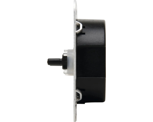Dimmer-basiselement in zijaanzicht met metalen draagring, zwarte kunststof behuizing en draaias.