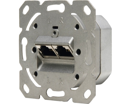 Netwerkaansluiting-inzetstuk met twee RJ45-aansluitingen, metalen frame voor inbouwmontage, categorie 5.