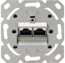 Netwerkaansluiting inzetstuk met twee RJ45-poorten en metalen frame voor inbouwmontage.