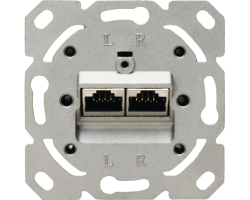 Netwerkaansluiting inzetstuk met twee RJ45-poorten en metalen frame voor inbouwmontage.