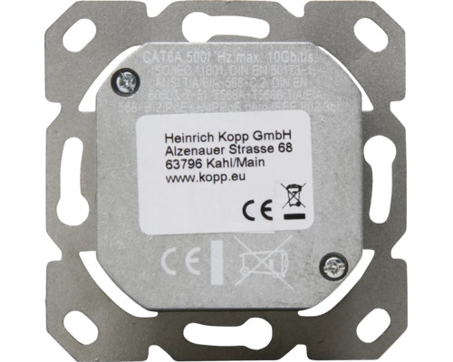 Achteraanzicht van een Kopp CAT6A netwerkcontactdoosmodule van metaal met CE-markering en symbool voor afvalverwijdering van elektrische apparaten.