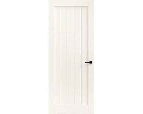 Witte binnendeur in landelijke stijl met verticale groeven en een zwarte deurkruk.