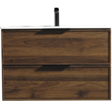 Wastafelonderkast met twee laden in houtlook, witte wastafel en zwarte kraan.