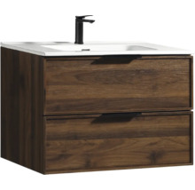 Wandhangend badkamermeubel in donkere houtlook met twee laden, witte wastafel en zwarte kraan.