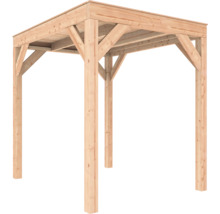 Vierkante houten pergola met vier palen, dwarsbalken, schoren en een platte dakconstructie.