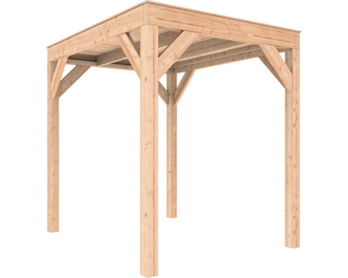 Vierkante houten pergola met vier palen, dwarsbalken, schoren en een platte dakconstructie.