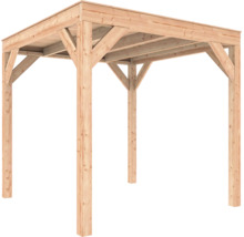 Houten paviljoen met plat dak, palen en schoren van naaldhout.