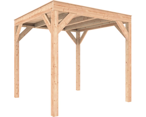 Houten paviljoen met plat dak, palen en schoren van naaldhout.