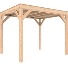 Houten tuinpaviljoen met een plat dak, ondersteund door vier massieve palen en schoren.