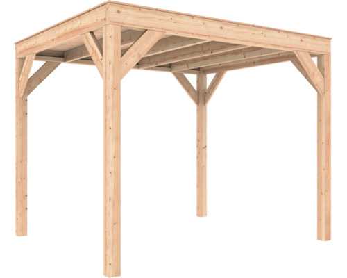 Houten tuinpaviljoen met een plat dak, ondersteund door vier massieve palen en schoren.