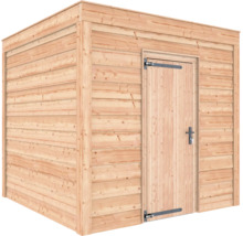 Modern houten tuinhuis met een plat dak en een enkele deur met zwart beslag.