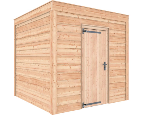 Modern houten tuinhuis met een plat dak en een enkele deur met zwart beslag.