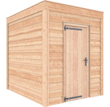 Modern houten tuinhuis met plat dak en een enkele deur.