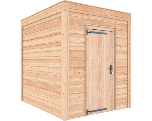 Modern houten tuinhuis met plat dak en een enkele deur.