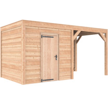 Houten tuinhuis met lessenaarsdak, een enkele deur en een zijdelingse overkapping.