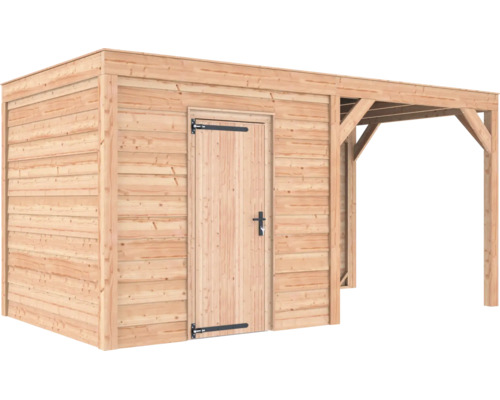 Houten tuinhuis met lessenaarsdak, een enkele deur en een zijdelingse overkapping.