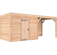 Houten tuinhuis met plat dak, enkele deur en zijdelingse overkapping.