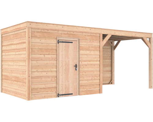 Houten tuinhuis met plat dak, enkele deur en zijdelingse overkapping.