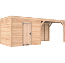 Houten tuinhuis met plat dak en open aanbouw.