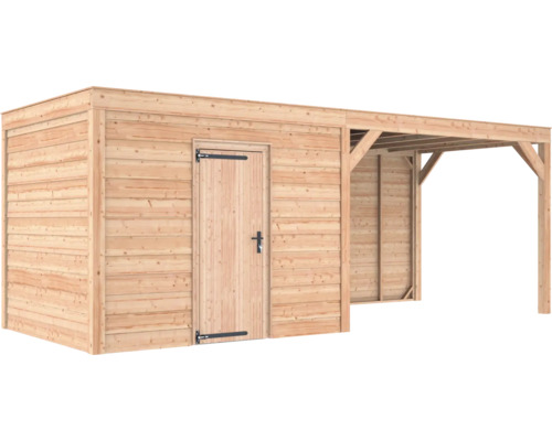 Houten tuinhuis met plat dak en open aanbouw.