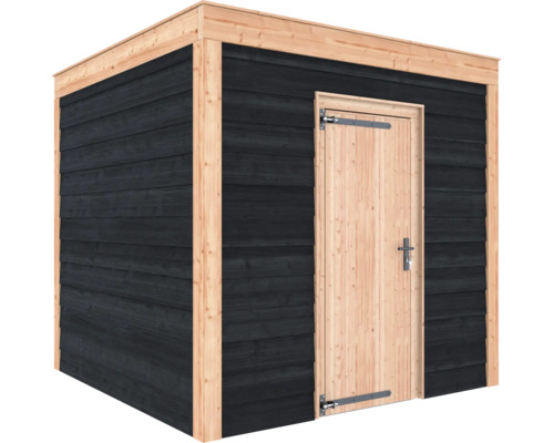 Modern houten tuinhuis met plat dak, zwarte wanden en een deur en hoekpalen van onbehandeld hout.