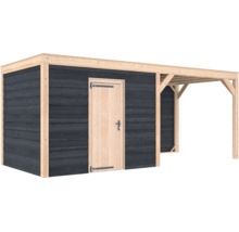 Houten tuinhuis met plat dak, een deur en een zijluifel voor opslag.