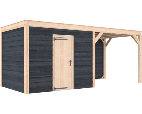 Houten tuinhuis met plat dak, een deur en een zijluifel voor opslag.