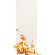 Witte brandwerende deur met zilveren deurkruk en vlammen aan de onderzijde.