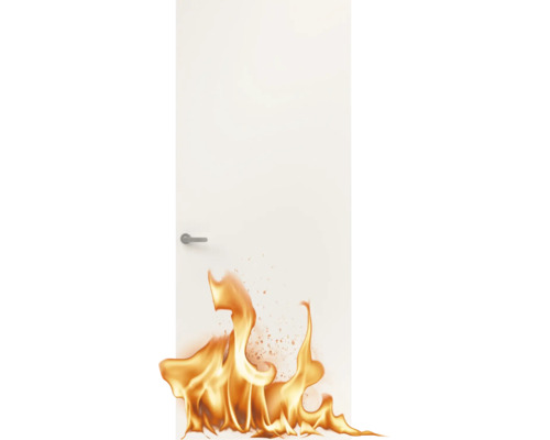Witte brandwerende deur met zilveren deurkruk en vlammen aan de onderzijde.
