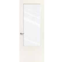 Witte binnendeur met grote glasopening en zilverkleurige deurklink.