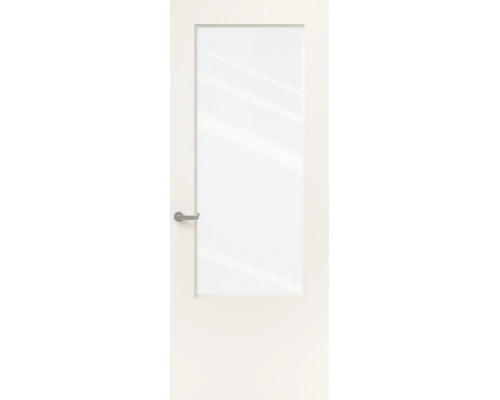 Witte binnendeur met grote glasopening en zilverkleurige deurklink.