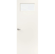 Witte binnendeur met rechthoekige glasopening aan de bovenzijde en zilverkleurige deurklink.