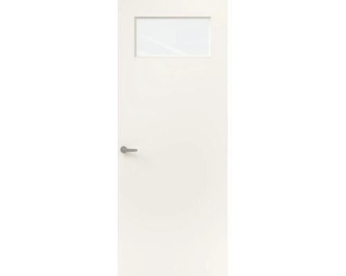 Witte binnendeur met rechthoekige glasopening aan de bovenzijde en zilverkleurige deurklink.