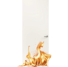 Witte brandwerende deur met vlammen ter illustratie van de brandwerendheid.