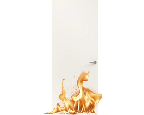 Witte brandwerende deur met vlammen ter illustratie van de brandwerendheid.