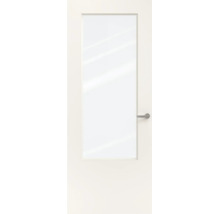 Witte binnendeur met een grote rechthoekige glasopening en een modern zilverkleurig deurbeslag.